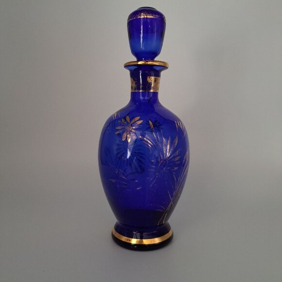 Vintage Cobalt Blue & Gold Glass Decanter With Floral Design - Picture 6 of 16